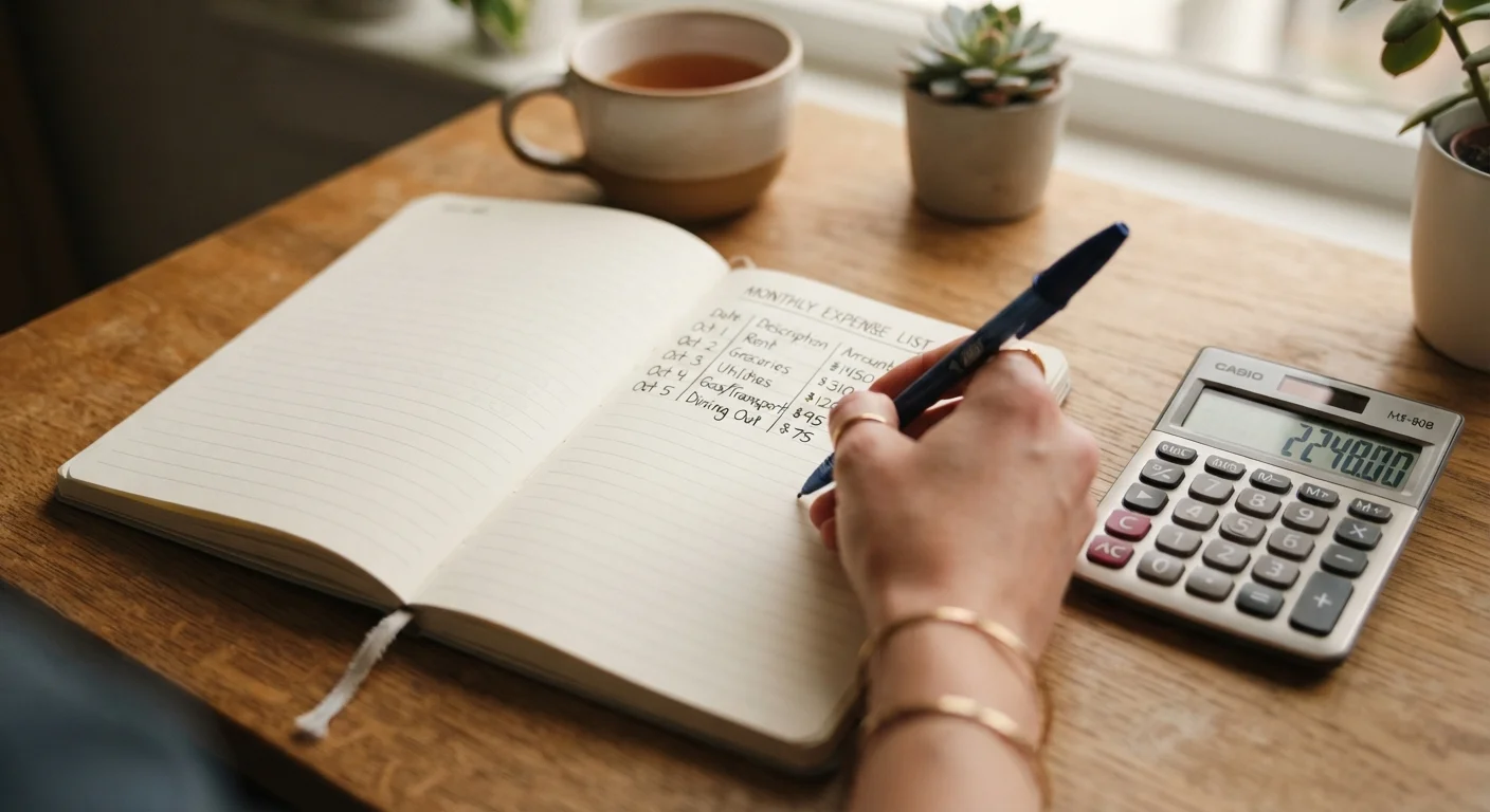 A hand writing a monthly expense breakdown in a notebook with a calculator nearby