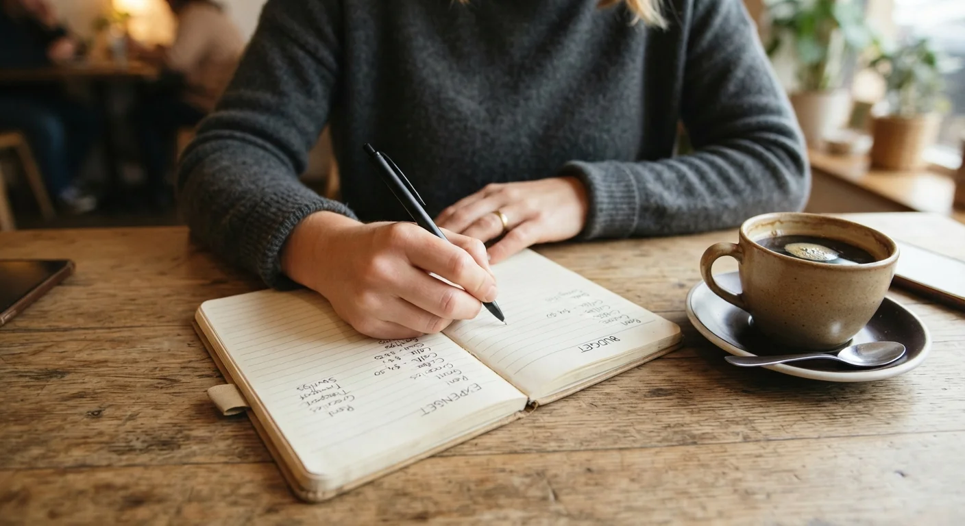 Hands writing in a budget notebook beside a coffee cup at a home table