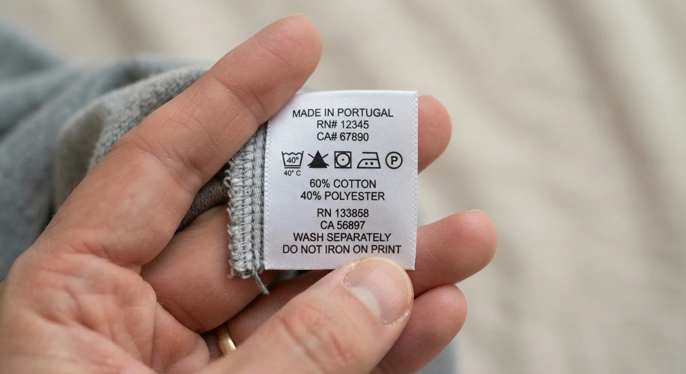 Close-up of a clothing care label displaying washing temperature symbols and fabric content text