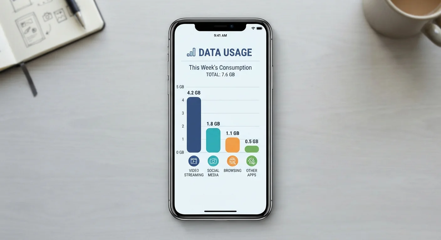 Flat-lay illustration of a smartphone screen showing a data usage bar chart with labeled categories