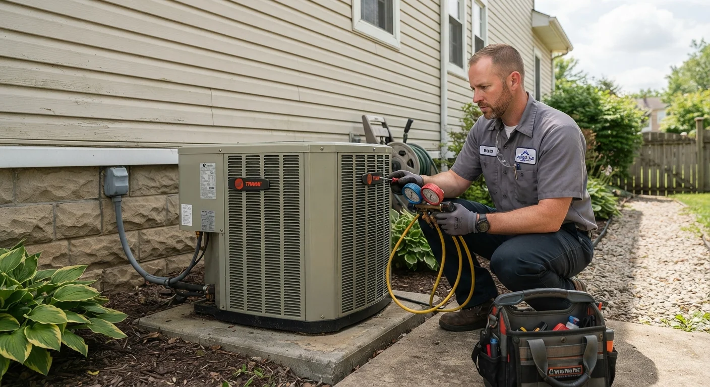 HVAC technician inspecting an outdoor central air conditioning compressor unit beside a house