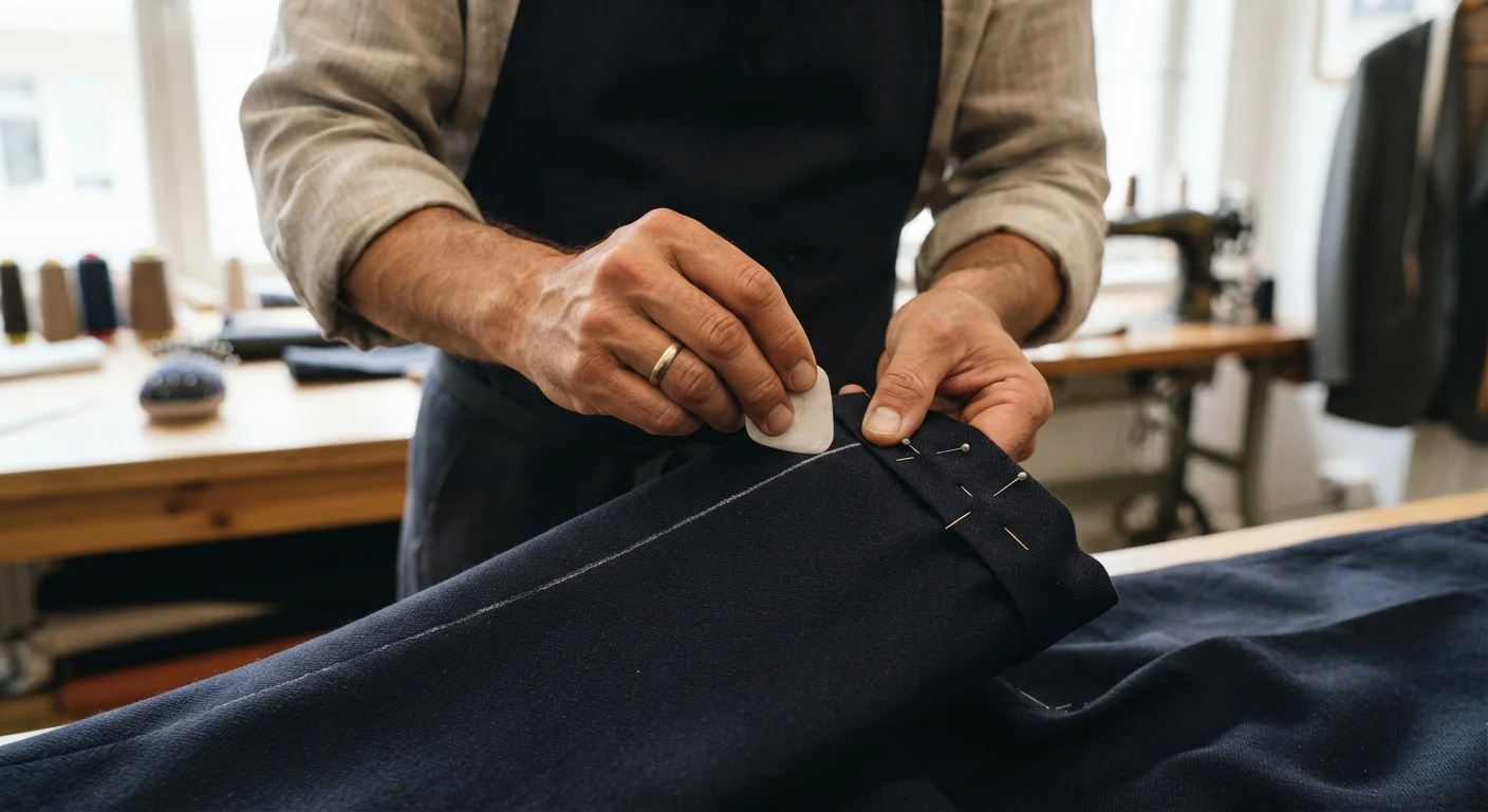 A tailor using chalk and pins to mark dark trousers for a hem alteration