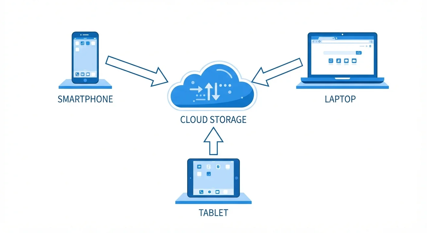 Illustration showing multiple devices connected to a central cloud storage icon
