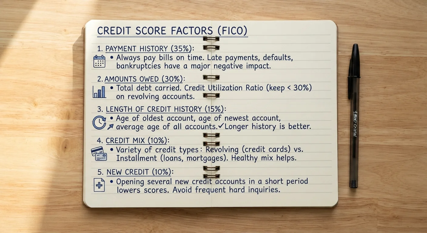 A notebook listing the five main factors that make up a credit score, with a pen on a wooden desk