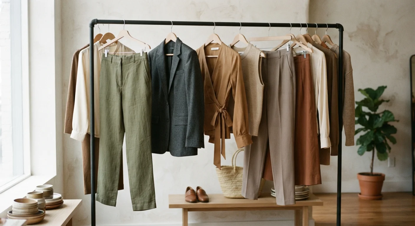 A clothing rack holding several well-fitted garments including trousers, a wrap top, and a blazer in neutral tones