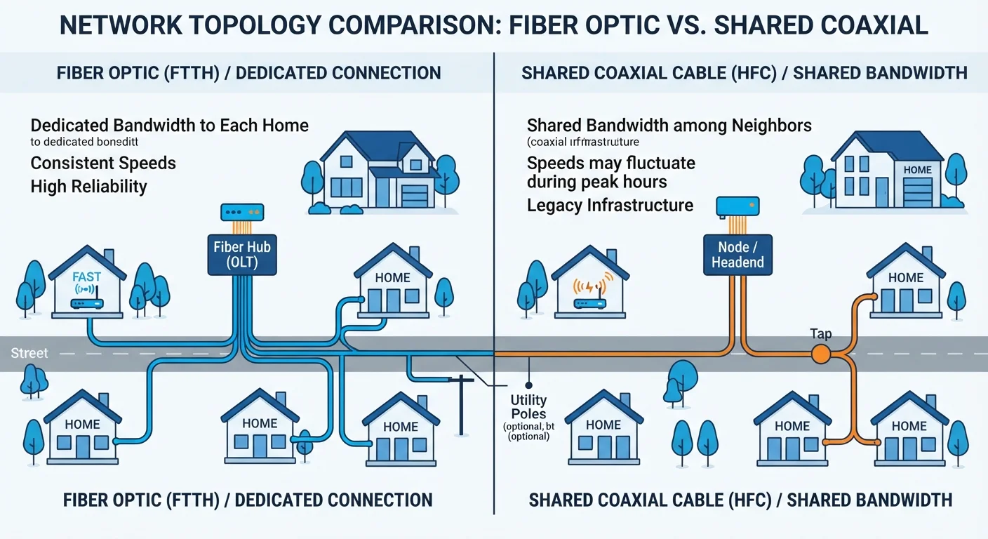 Diagram comparing dedicated fiber lines to individual homes versus shared coaxial cable lines branching to multiple houses.