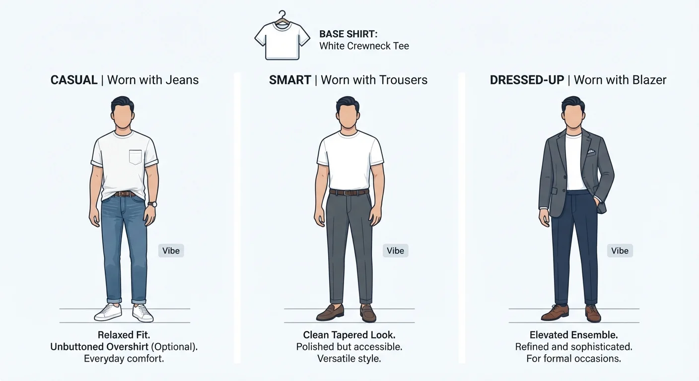 Illustration showing one shirt styled three different ways for casual, smart casual, and formal occasions