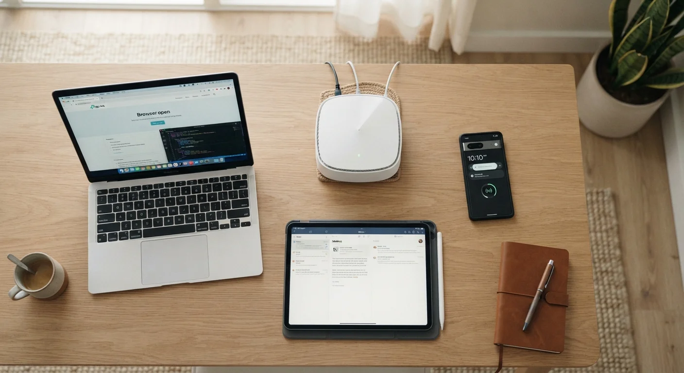 A home Wi-Fi router on a desk next to a laptop, tablet, and smartphone in a home setting