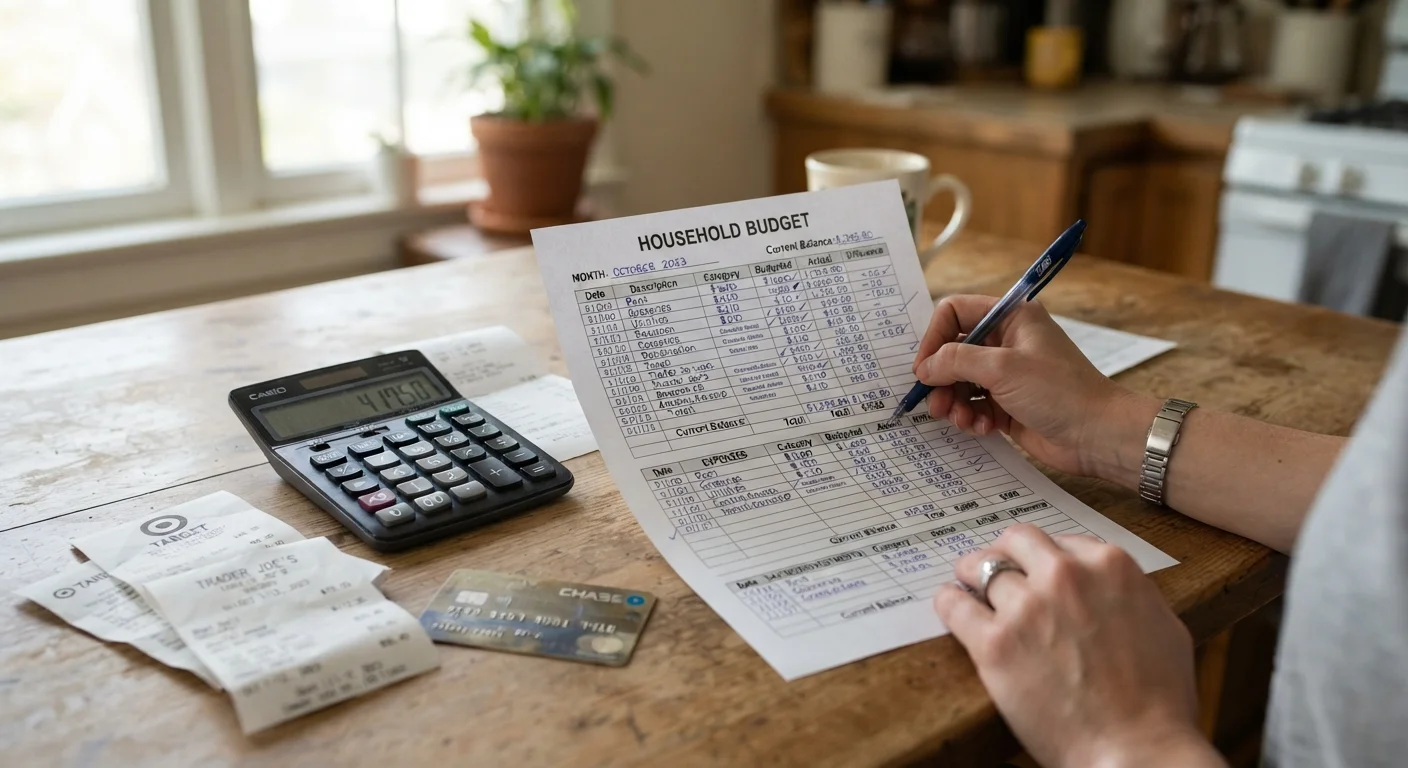 Household budget worksheet on a kitchen table with a calculator and grocery receipts