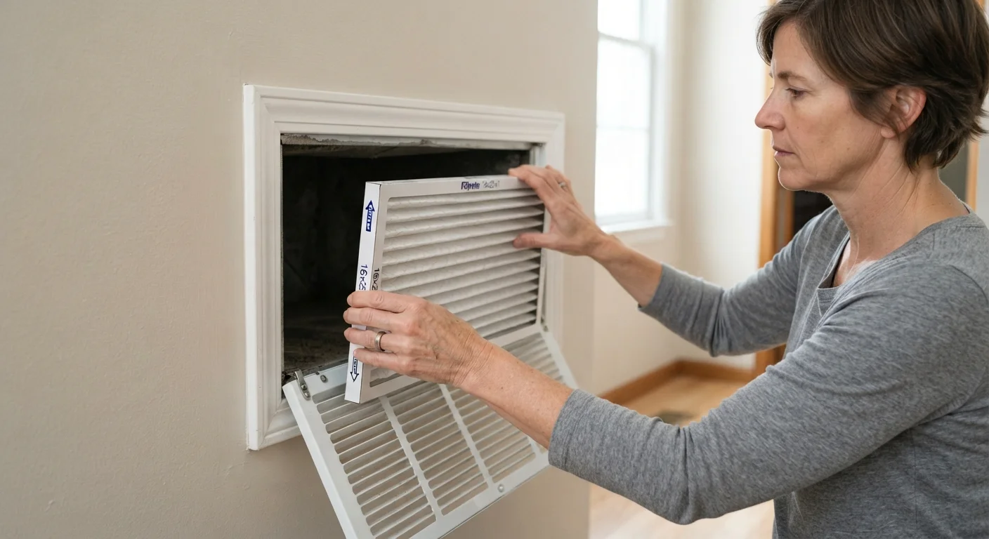 Person replacing an HVAC air filter in a home wall vent with clean white filter