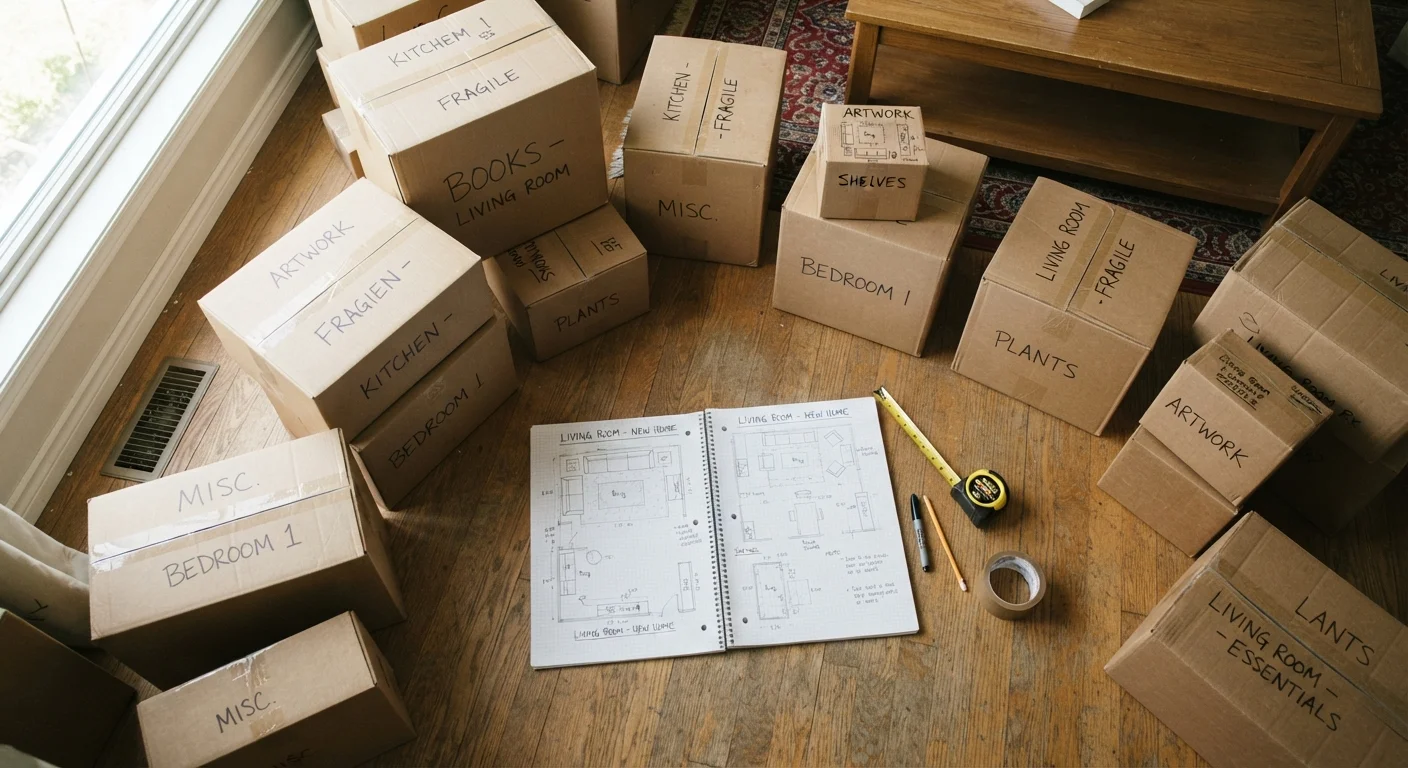 Moving boxes, a tape measure, and floor plan sketches laid out for a downsizing move