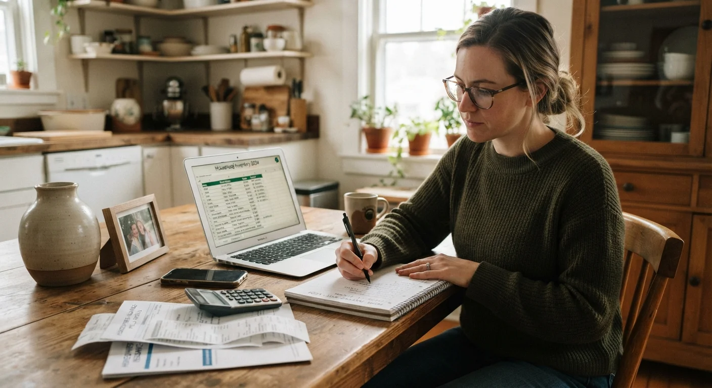 Person at kitchen table writing a home inventory list with laptop open beside them