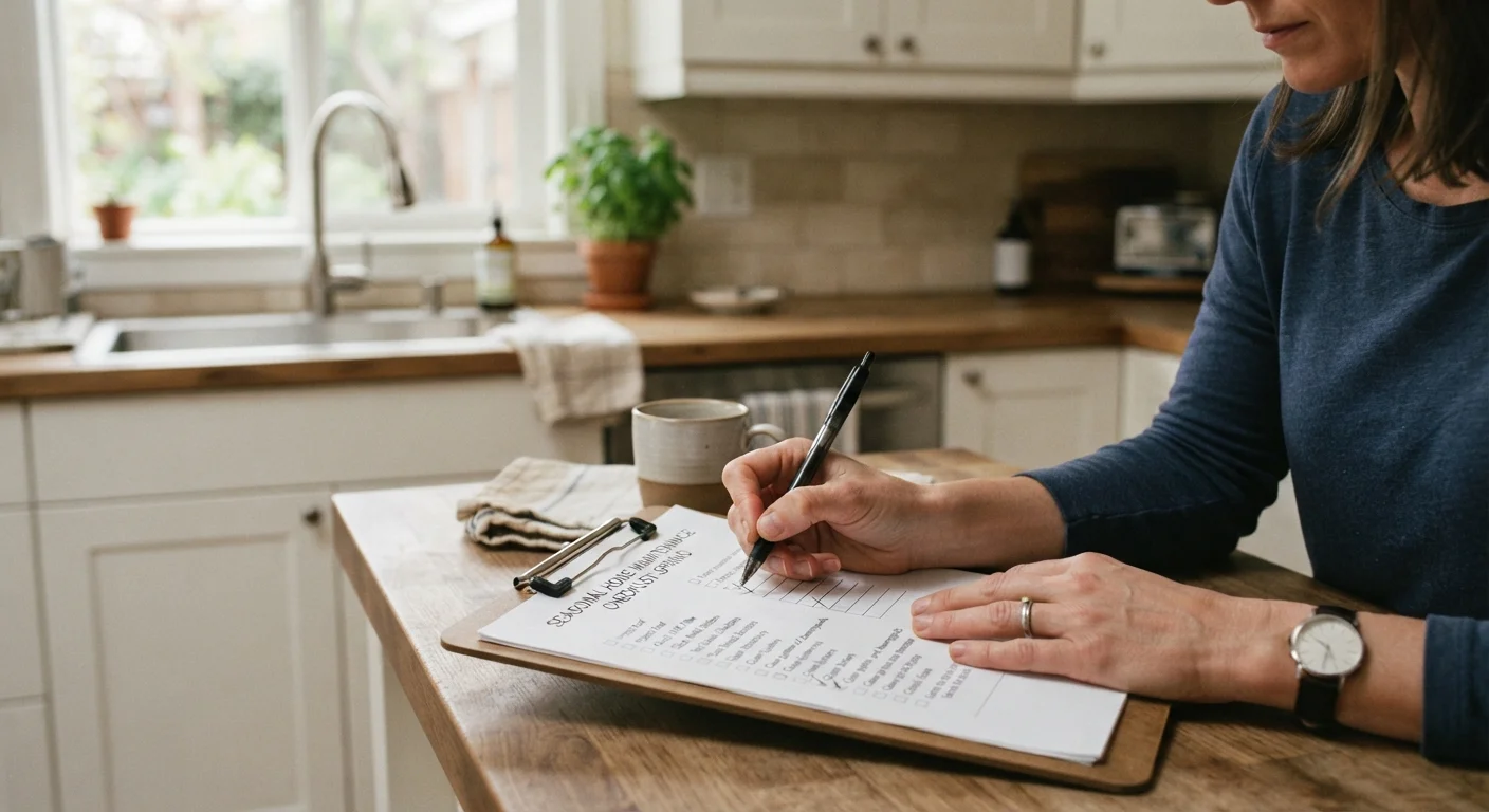 Homeowner writing on a home maintenance checklist in a kitchen with natural daylight
