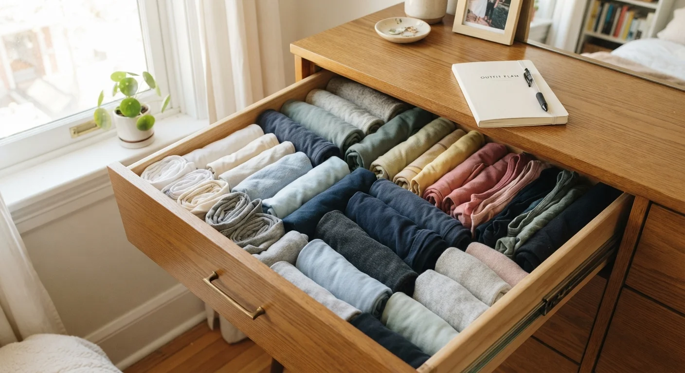 Organized dresser drawer with rolled clothes and a small notebook for tracking wardrobe gaps