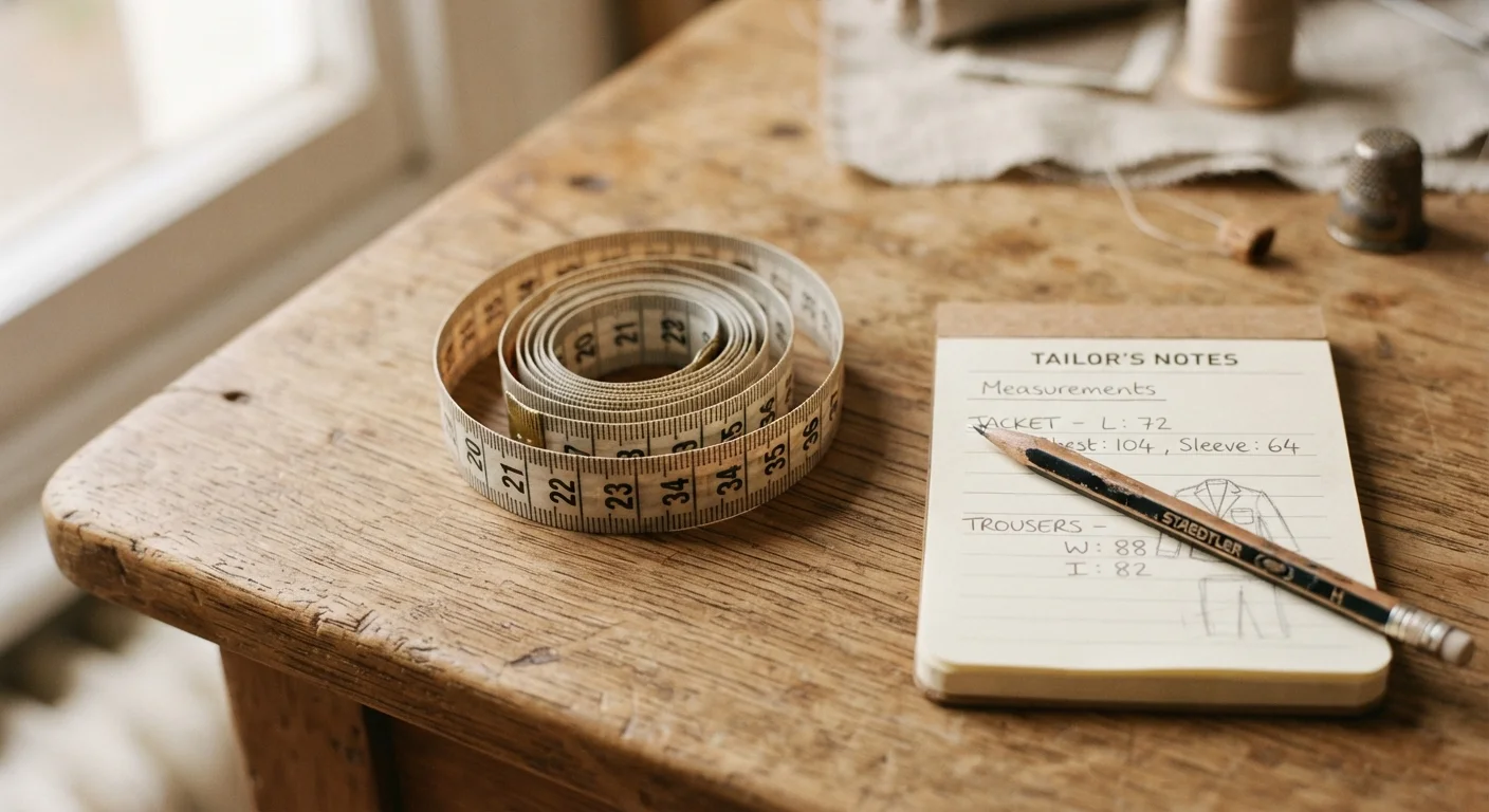 Soft measuring tape and notebook on a wooden surface for taking body measurements