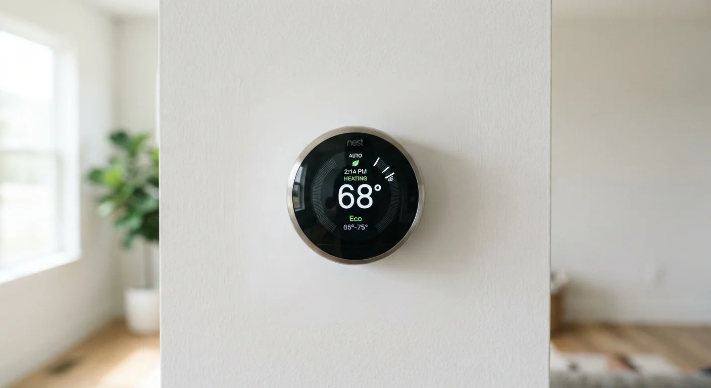 A smart thermostat mounted on a white interior wall displaying temperature and schedule settings