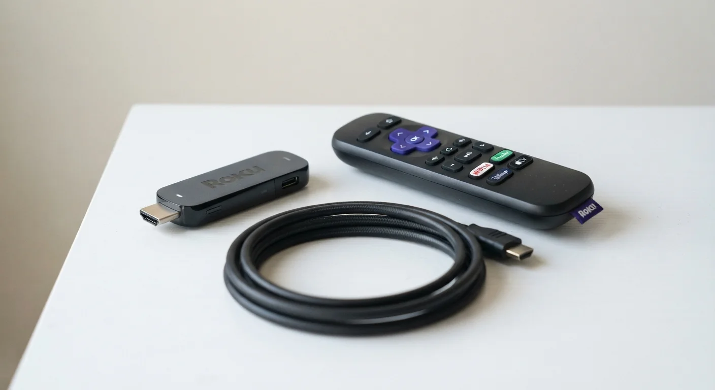 A streaming stick dongle and its remote control placed next to an HDMI cable on a white surface.