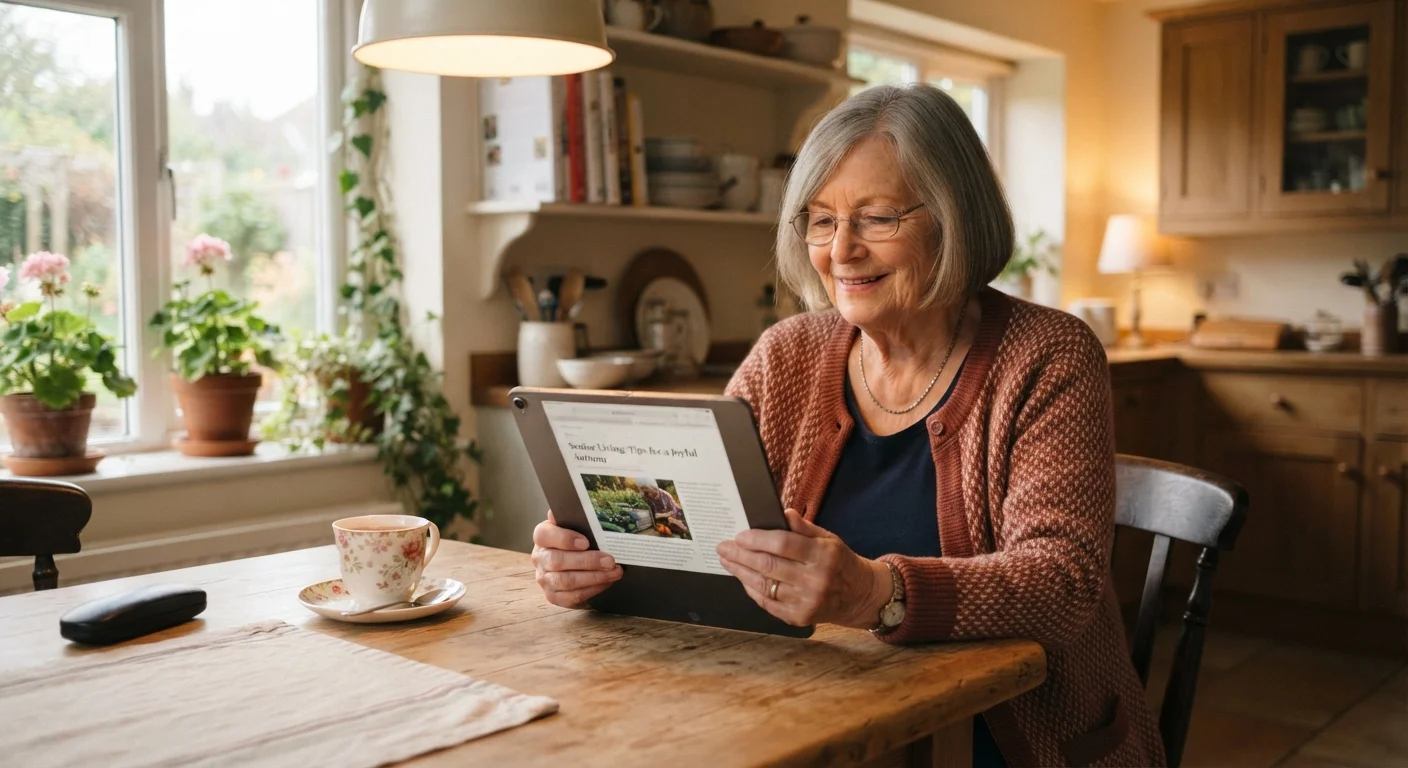 An older adult seated at a kitchen table holding and reading from a tablet