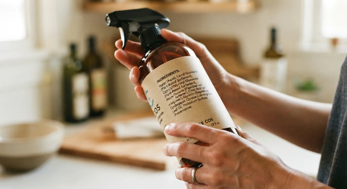 Hands holding a cleaning product bottle while reading the ingredient list on the back label