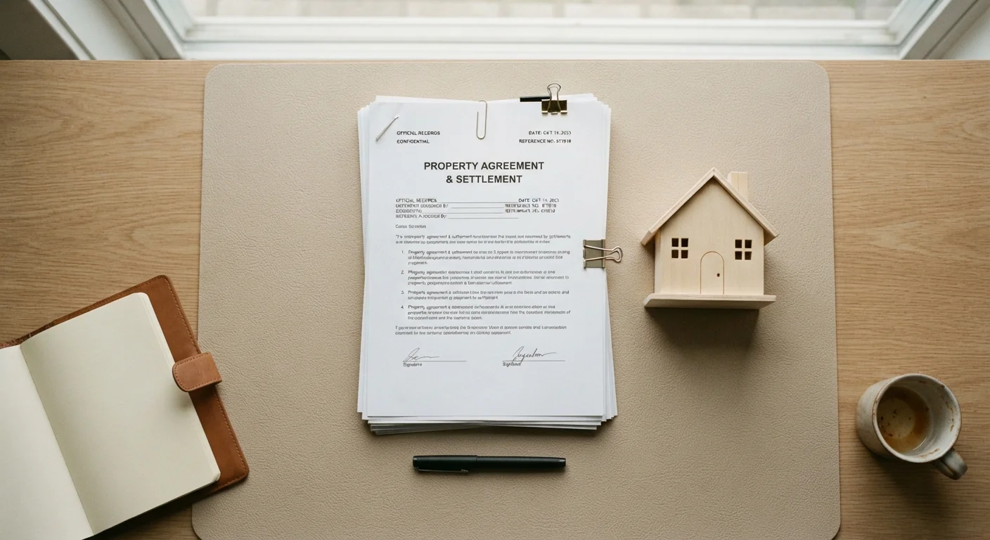 HOA governing documents, a pen, and a small house model arranged on a clean desk