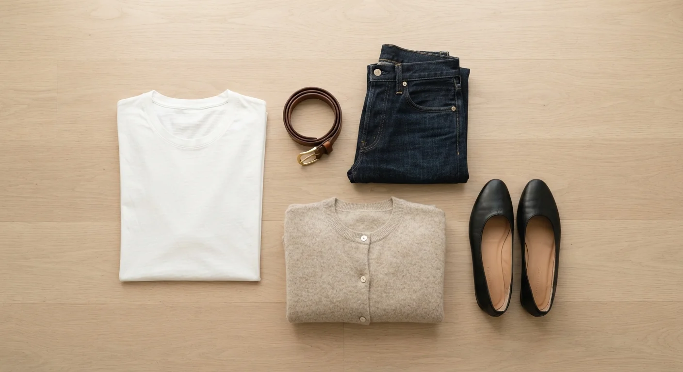 Flat lay of clothing staples including white tee, dark jeans, cardigan, black flats, and a leather belt