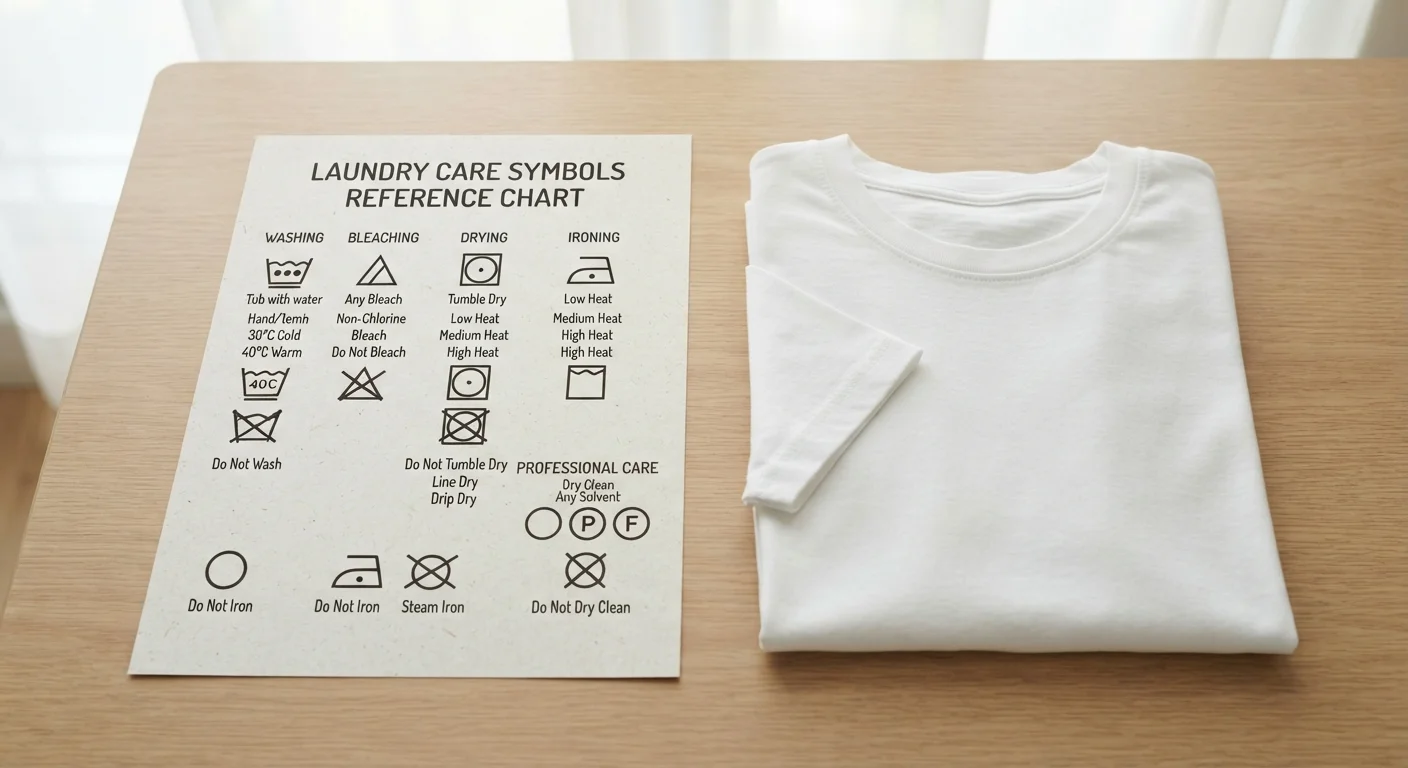 A printed laundry care symbols reference chart laid next to a folded garment on a light surface