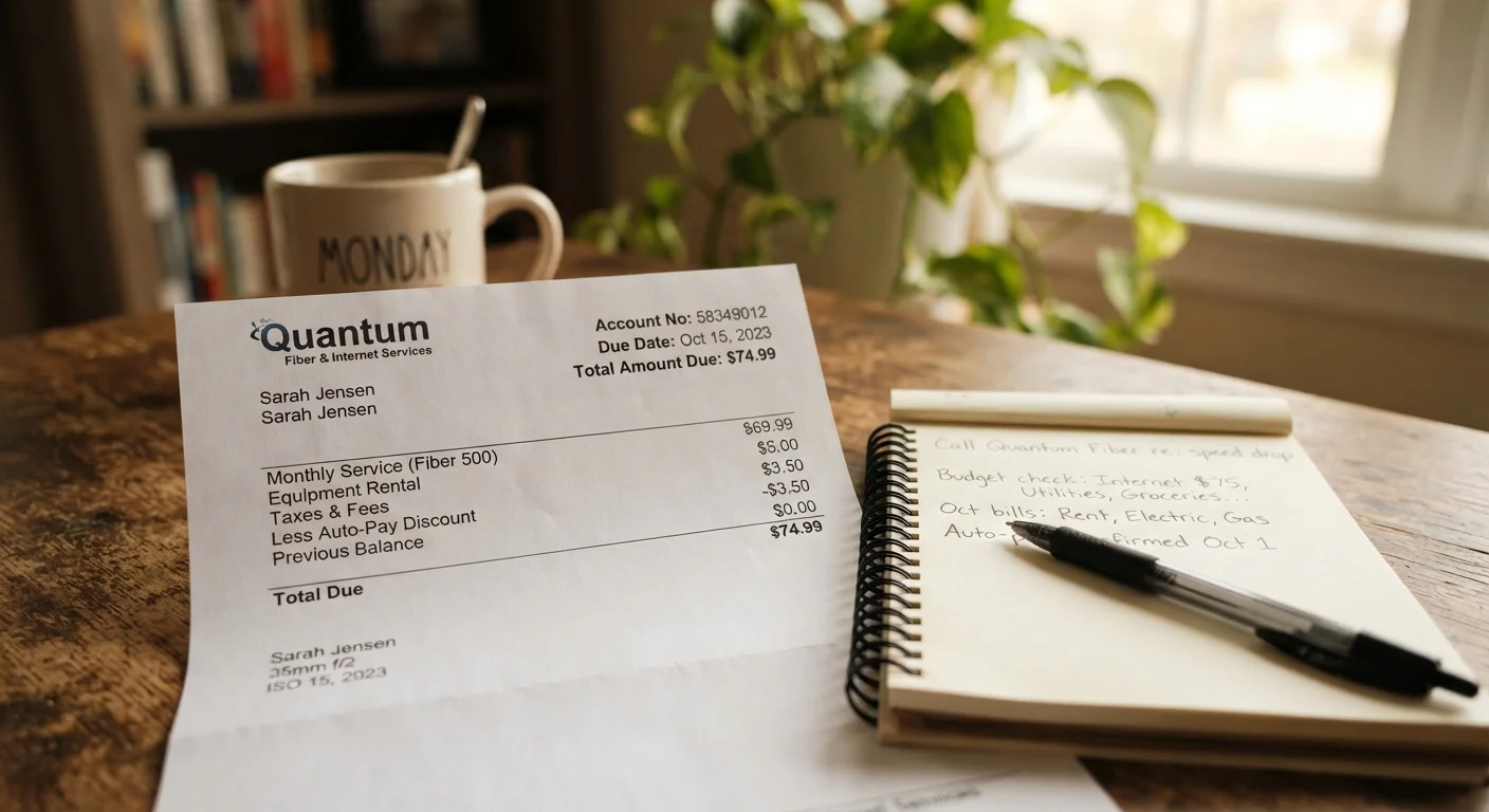 Monthly internet bill on a desk next to a notepad with handwritten comparison notes