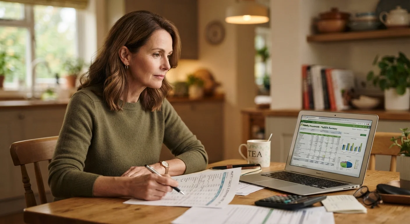 Person reviewing financial documents and a laptop at a kitchen table before making investment decisions