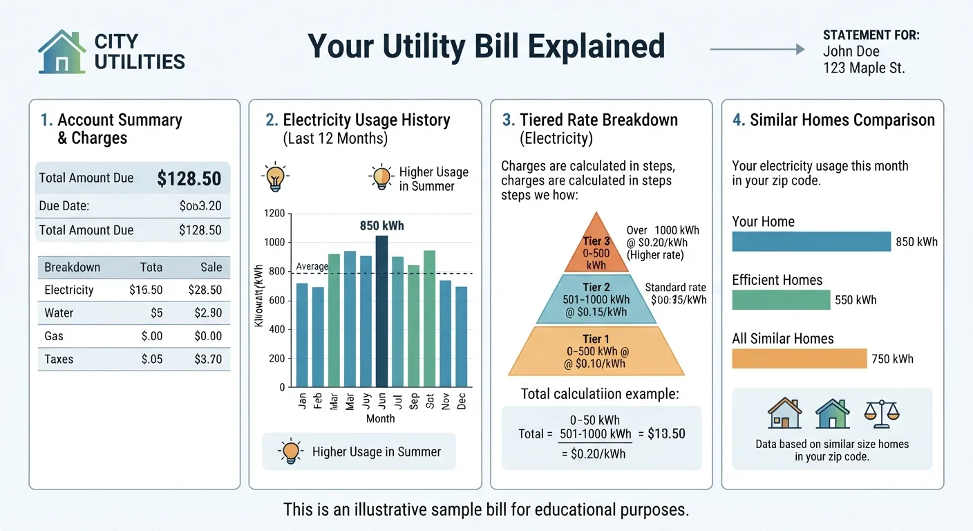 Labeled diagram of a utility bill showing usage history, rate tiers, and similar-homes comparison sections