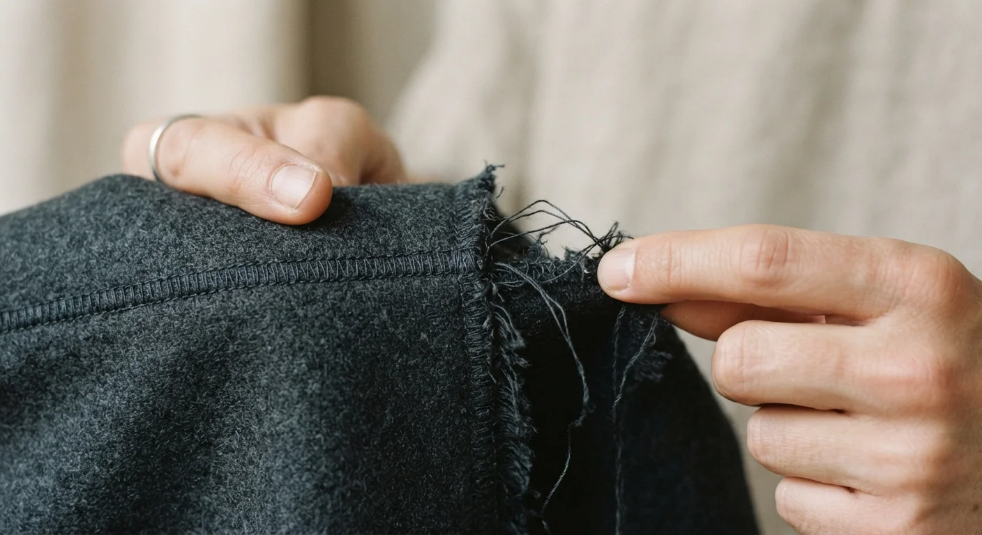 Hands inspecting the seam of a garment, showing tight versus loose stitching quality