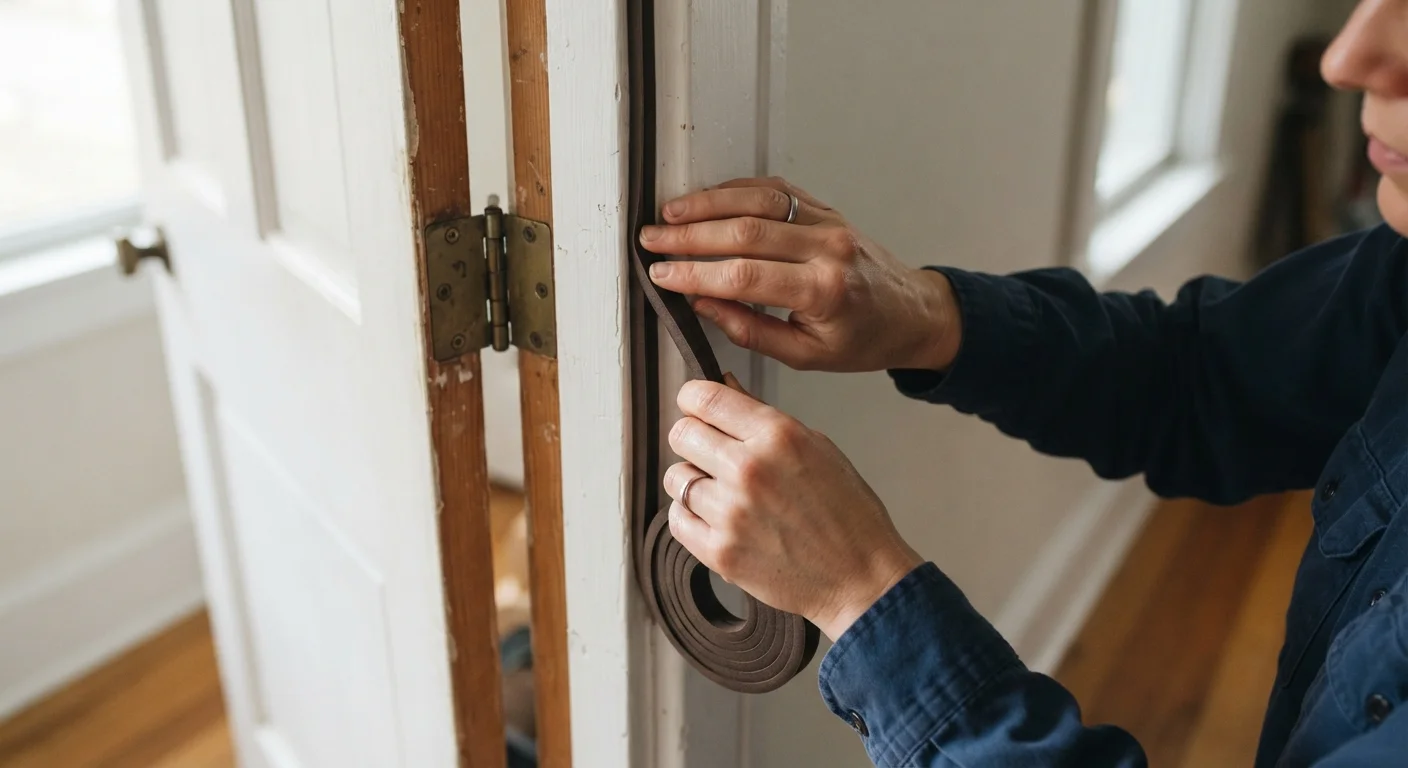 Hands applying weatherstripping to a door frame to seal gaps and reduce heat loss