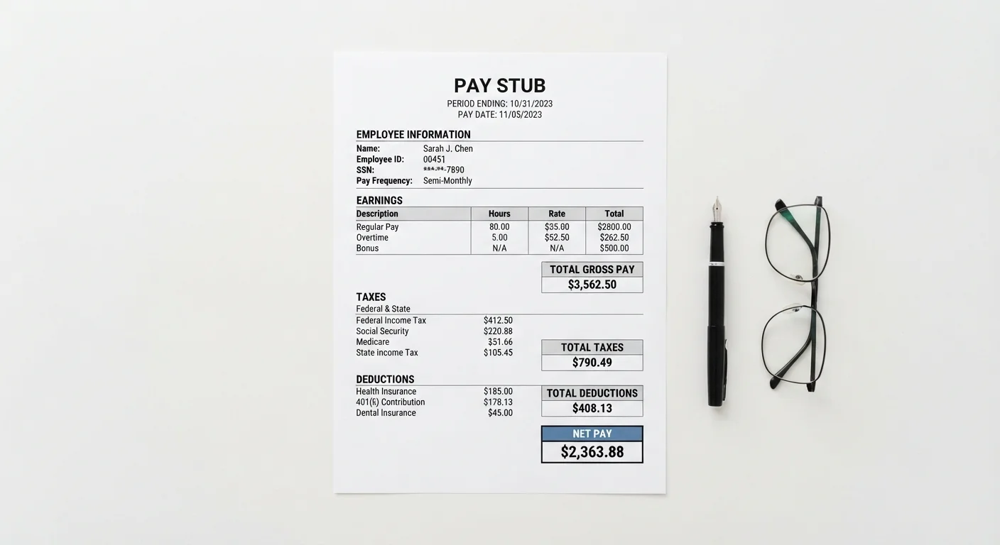 A sample pay stub with sections labeled gross pay, taxes withheld, and net pay