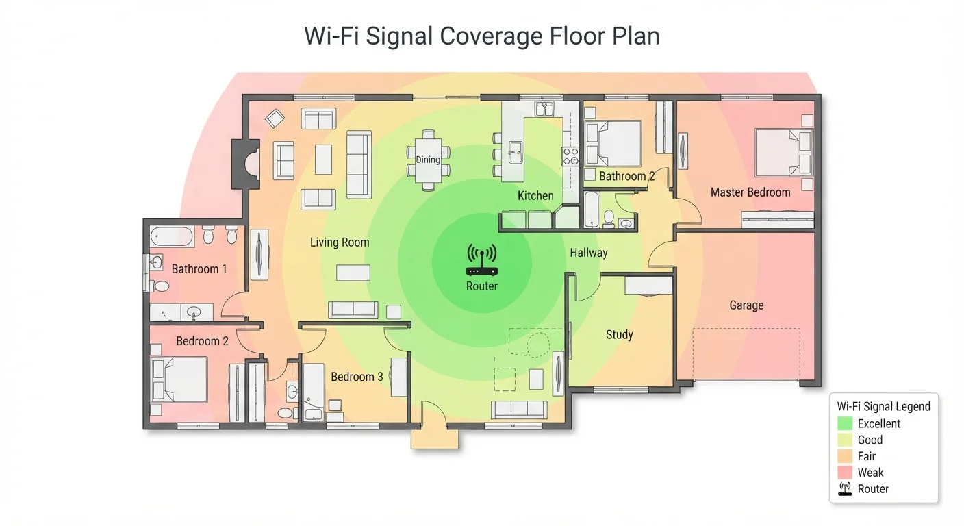 Floor plan diagram showing strong Wi-Fi signal at center and weak signal fading toward corners and thick walls